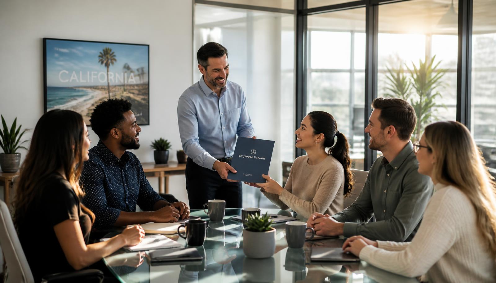 Small business team meeting about employee benefits
